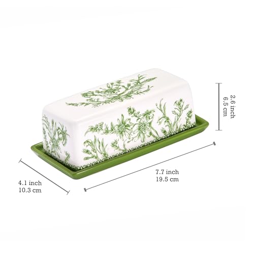 Green Garden Toile De Jouy Ceramic Butter Dish with Lid