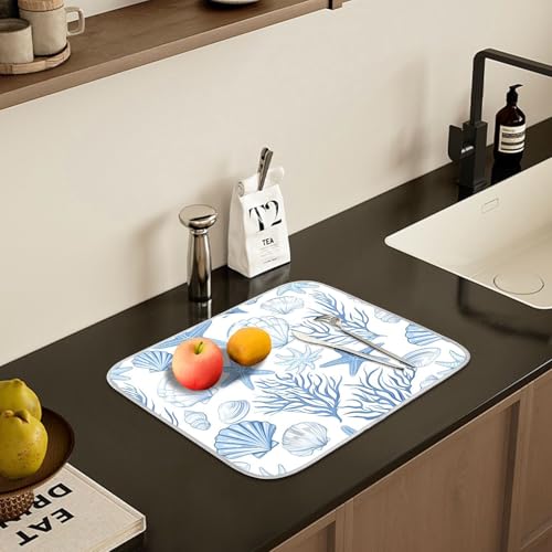 Nautical Coastal Dish Drying Mat for Kitchen Counter Absorbent Microfiber Small Summer Ocean Themed Seashell Coral Starfish Drying Pad Dish Mats for Kitchen Countertops 16 x 18 Inch