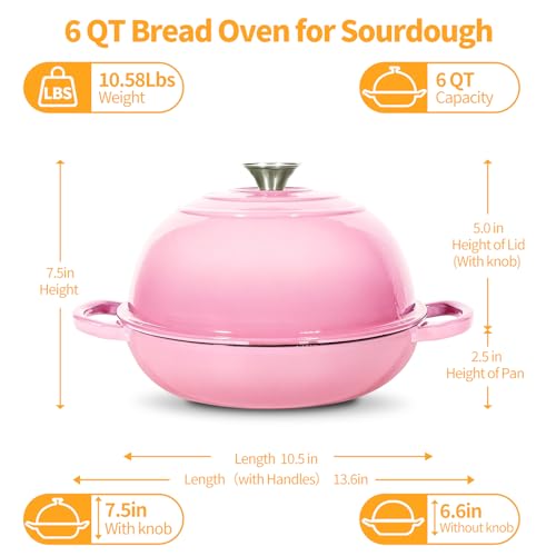 6QT Enameled Cast Iron Pink Dutch Oven For Sourdough Bread Baking