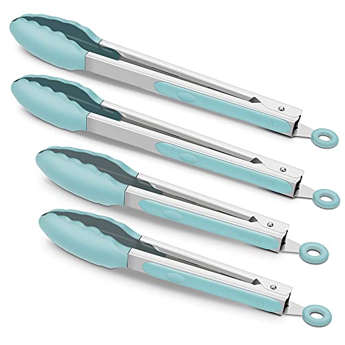 4 Pack Aqua Sky Silicone Kitchen Tongs Set