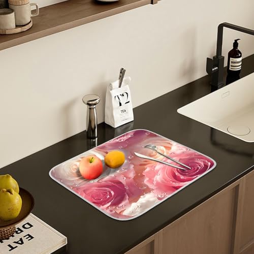 3d Pink White Roses Dish Drying Mat for Kitchen Counter Absorbent Microfiber Small Drying Pad Dish mats for Kitchen Countertops 16 x 18 Inch