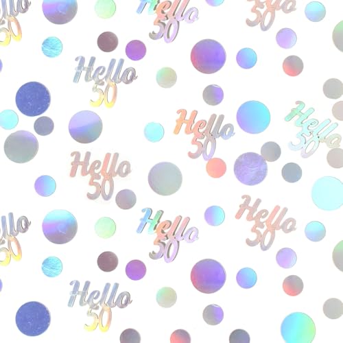 Hello 50 Birthday Confetti for Table Iridescent Circle Happy 50th Birthday Party Decorations for Women Fifty Years Old Birthday Tables Scatter Party Confetti Wedding Anniversary Decor 300PC (230 Count)