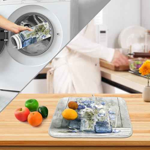 Vintage Blue White Flower Jars3 Dish Drying Mat for Kitchen Counter Absorbent Microfiber Small Drying Pad Dish mats for Kitchen Countertops 16 x 18 Inch