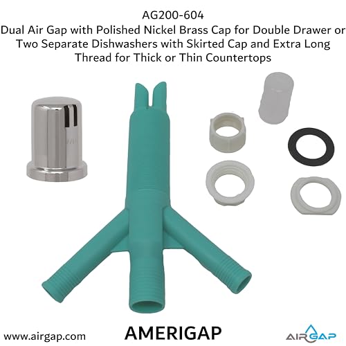 Dual Air Gap with Polished Nickel Brass Cap for Double Drawer or Two Separate Dishwashers with Skirted Cap and Extra Long Thread for Thick or Thin Countertops