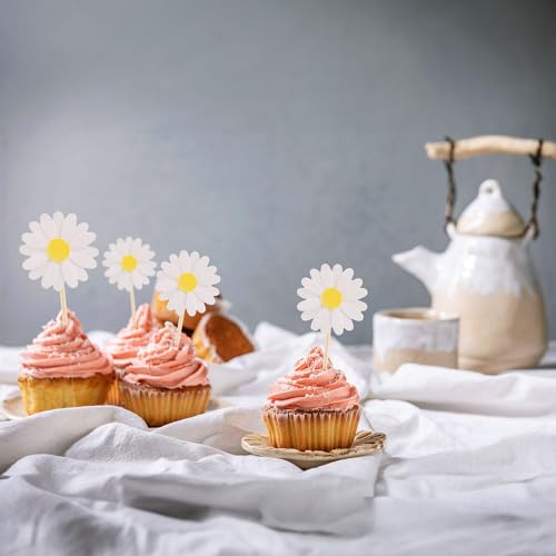 24Pcs Daisy Cupcake Toppers Flower Cake Topper Decorations Daisy Cake Decorations Chrysanthemum Cupcake Toppers Spring Daisy Flower Cake Picks for Birthday Wedding Supplies White (24 Count)
