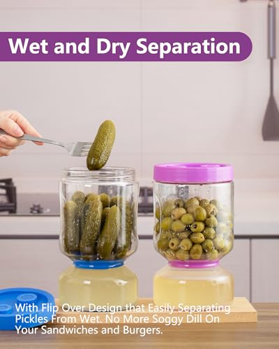 Pickle and Olive Hourglass Jar with Strainer Flip for Pickle Juice Separator from Wet and Dry