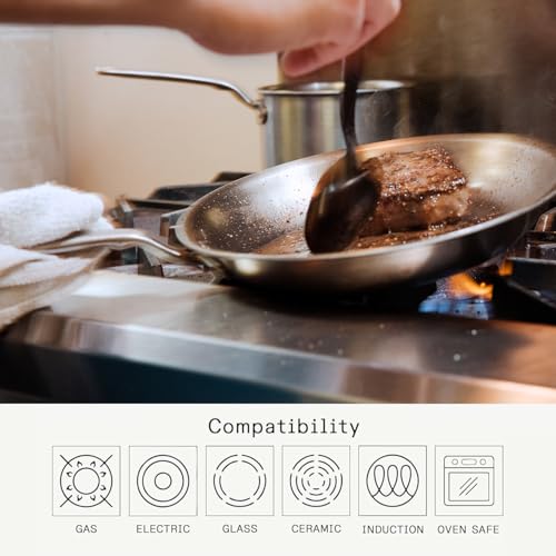 Cookware - 10-Inch Stainless Steel Frying Pan With Lid - 5 Ply Stainless Clad - Professional Cookware - Crafted in Italy - Induction Compatible