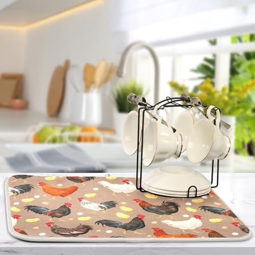 Colorful Hens Roosters Dish Drying Mat for Kitchen Counter Absorbent Microfiber Drying Pad
