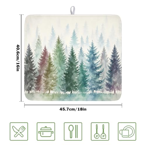 Pine Tree Dish Drying Mat Natural Forest Fog Microfiber Dishes Pad 16x18 Inch Absorbent Fast Dry Dish Drainer Rack Mats for Kitchen Counter