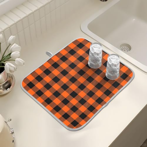 Halloween Dish Drying Mat for Kitchen Counter Absorbent Microfiber Small Drying Pad Black Orange Buffalo Plaid Check Dish Mats for Kitchen Countertops 16 x 18 Inch