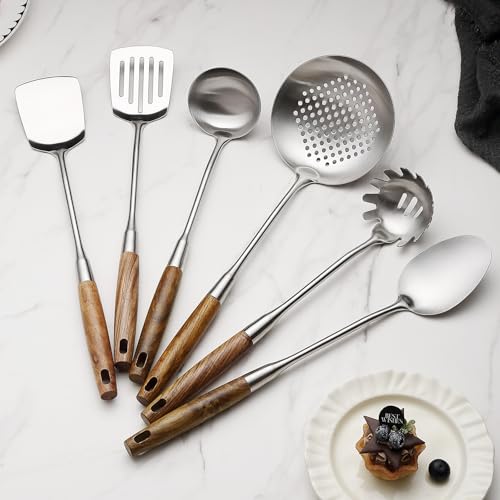 6 Pcs Cooking Utensils Set 304 Stainlss Steel Kitchen Utensils Set Heat Resistant Wooden Handle Kitchen Tools Metal Kitchen Utensil Soup Ladle Set (6 Count)