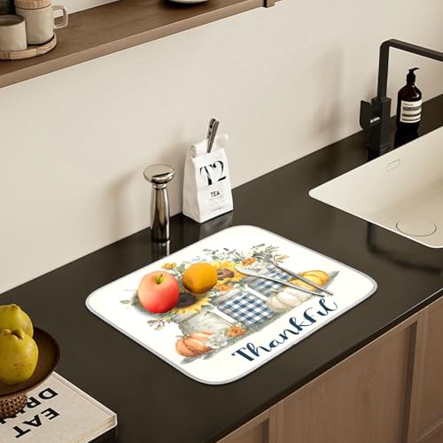 Autumn Pumpkin and Sunflower Floral Vase Dish Drying Mat for Kitchen Counter Absorbent Microfiber Large Drying Pad Dish Mats for Kitchen Countertops 18 x 24 Inch