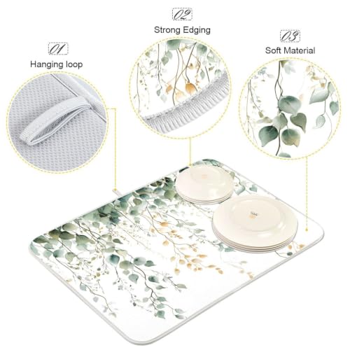 Green Sage Leaves Dish Drying Mat for Kitchen Counter Absorbent Microfiber Drying Pad