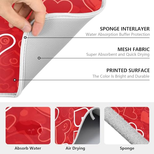 Red Hearts Cute Dish Drying Mat for Kitchen Counter Absorbent Microfiber Small Drying Pad Dish Mats for Kitchen Countertops 16 x 18 Inch