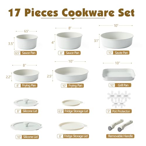 17 Piece Nonstick Detachable Handle Pots and Pans Set White