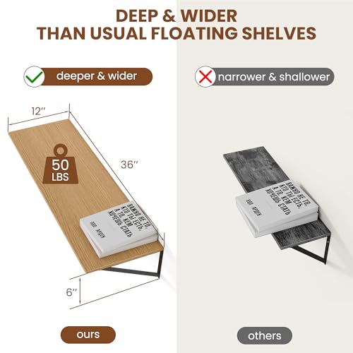 36W x 12D Deep Floating Shelves Set of 2 Oak (2 Count)