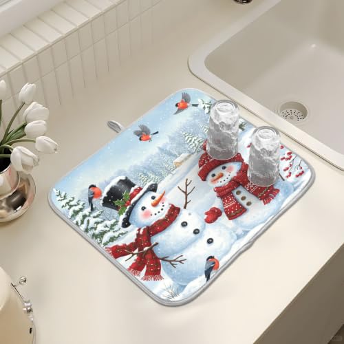 Winter Christmas Snowman Dish Drying Mat for Kitchen Counter Absorbent Microfiber Small Drying Pad Dish Mats Snowflakes for Kitchen Countertops 16 x 18 Inch