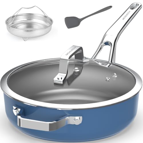 10-in-1 Blue Ceramic Nonstick Deep Saute Pan Set With Steamer & Lid, 4QT