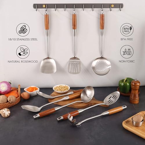 18 10 Stainless Steel Kitchen Utensils Set with Wood Handle (8 Count)