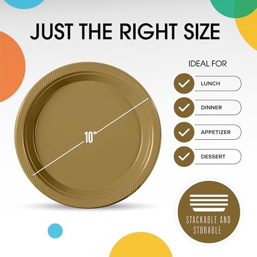 Exquisite Party Solids Sturdy Gold Plastic Plates 10" Party Plates 100 Pcs (100 Count)