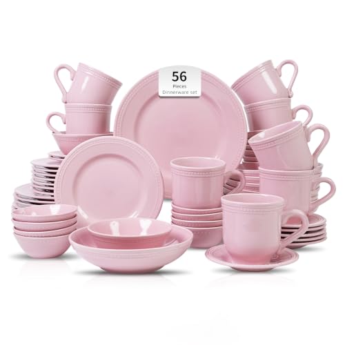 HomeVSS 56 Piece Pearl Dots Stoneware Dinnerware Set