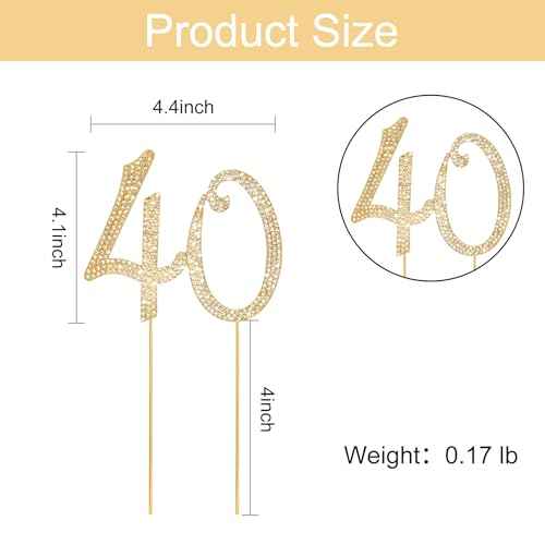 Gold 40th Birthday Cake Topper Rhinestones Cake Decorations for 40th Birthday Party