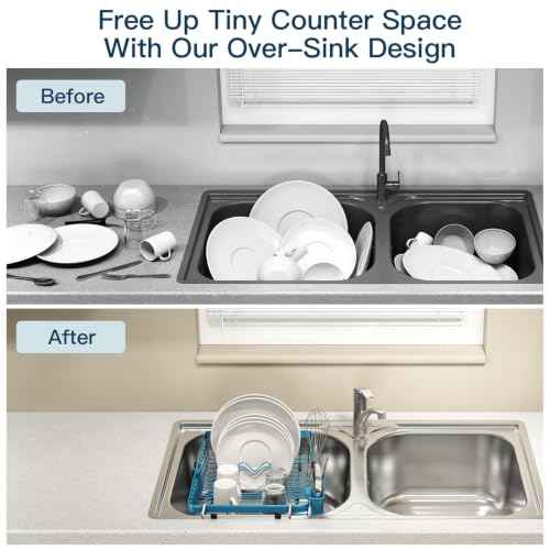 Blue Expandable Dish Drying Rack Over The Sink with Anti Slip Grip