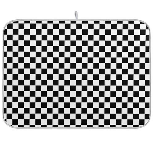 Black White Checkered Pattern Dish Drying Mat for Kitchen Counter Absorbent Microfiber Drying Pad