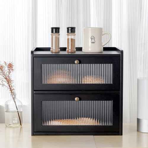 Bread Box for Kitchen Countertop Wooden Bread Storage Container Bin 2 Layer Breadbox Holder Large Capacity Keeper Vintage Farmhouse Food Organizer Pantry Shelf Acrylic Window（Black）