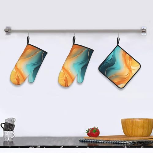 Orange Teal Marble Oven Mitts and Pot Holders Sets of 3 (3 Count)