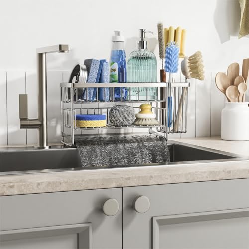 Silver 2 Tier Kitchen Sink Caddy Organzier Rack with Flexible Dish Brush Holder