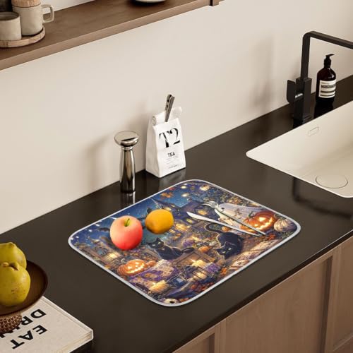 Halloween Night Scene Dish Drying Mat for Kitchen Counter Absorbent Microfiber Small Drying Pad Cats Ghost Dish Mats for Kitchen Countertops 16 x 18 Inch