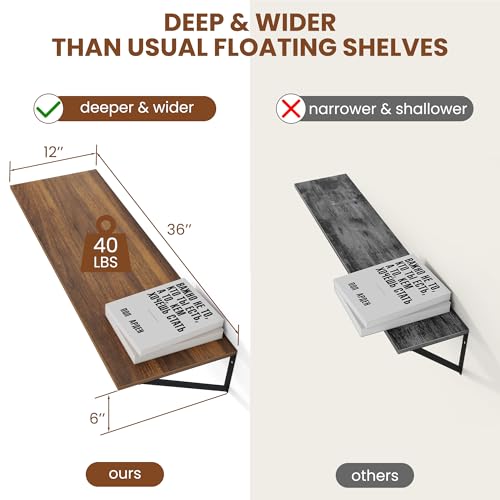 36W x 12D Deep Floating Shelves Set of 2 Walnut