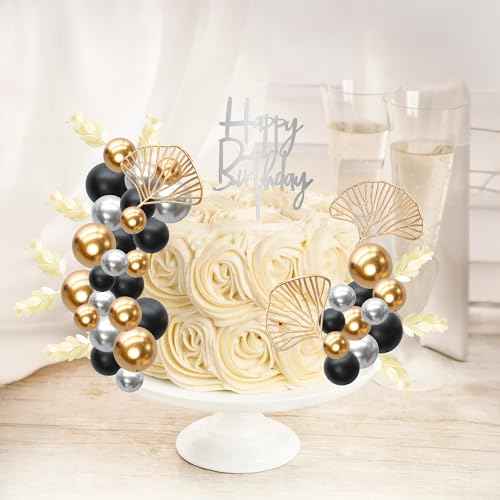 57Pcs Purple Balls Cake Topper Boho Grass Cake topper Pearl Balls Acrylic Happy Birthday Cake Decorations for Wedding Baby Shower Birthday Boho Themed Party Supplies Black Gold Silver (57 Count)