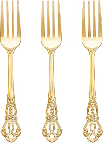 150PCS Gold Plastic Forks 8.1inch Vintage Baroque Forks for Wedding (150 Count)