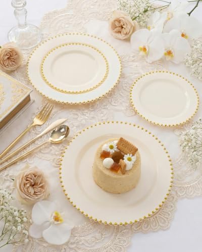 180Pcs Elegant Ivory Gold Plastic Dinnerware Set for Wedding (180 Count)
