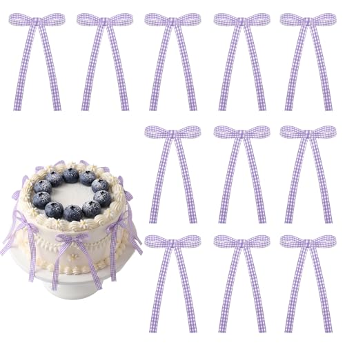 30 Pack Bow Cake Toppers Purple Gingham Ribbon Bows for Cake (30 Count)
