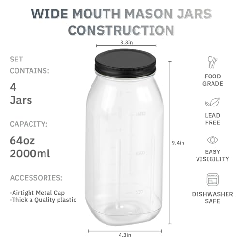 64 oz Large Plastic Mason Jars with Airtight Lids Wide Mouth (4 Count)