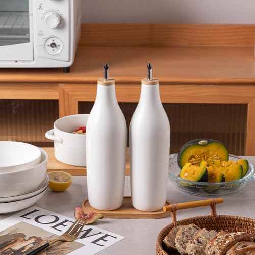 Sweejar Matte Ceramic Olive Oil Dispenser Bottles with Bamboo Tray