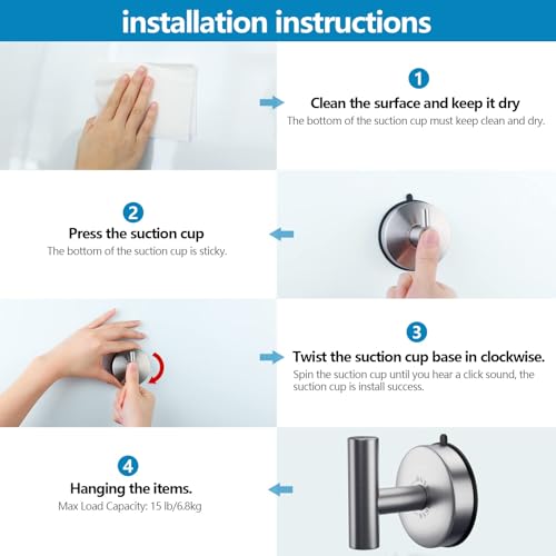 Large Suction Cup Hooks Brushed Nickel Stainless Steel Suction Shower Hooks for Loofah Set of 2 Towel Hook 11 Lb No Drill Hook for Bathroom (2 Count)