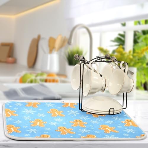 Snowflake Gingerbread Cookie Blue Dish Drying Mat for Kitchen Counter Absorbent Microfiber Drying Pad