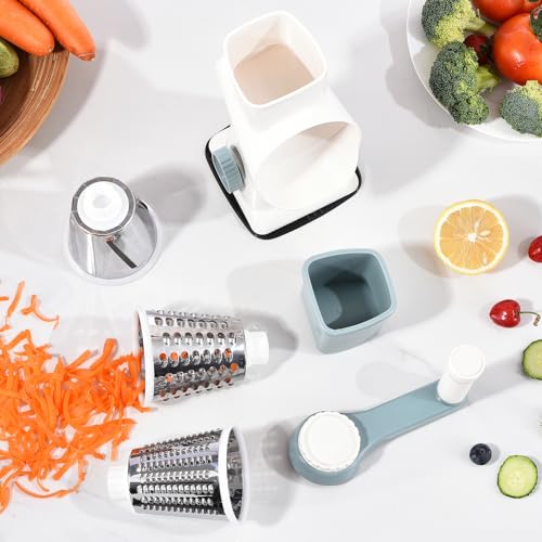 Rotary Cheese Grater with Handle Kitchen Shredder Slicer Grater Slicer Ice Shaver Cheese Vegetable Nuts Potato Zucchini Chocolate 3 Interchangeable Blades