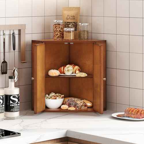 Corner Bread Box for Kitchen Counter Double Layer Bamboo Bread Storage Container Large Capacity Bread Storage Bin Farmhouse Breadbox Organizer