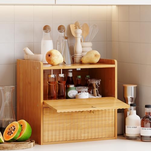 Rustic Bread Box for Kitchen Countertop Bamboo Bread Storage Container Bin Double Layer BreadBox Farmhouse Large Capacity Food Organizer