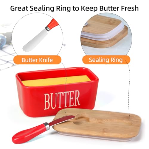 Ceramic Butter Dish with Bamboo Lid and Stainless Steel Knife Spreader