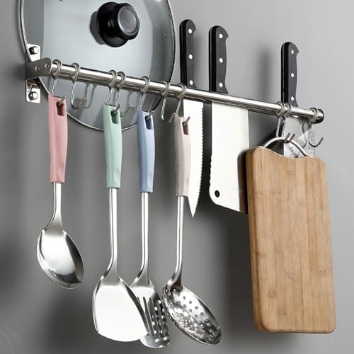 Utensil Hanging Rack Stainless Steel Rail Hanger Rod Wall Mounted Pot Pan Lid Holder Cookware Storage Organizer with Sliding Hooks for Kitchen Bathroom