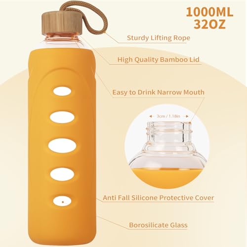 32 oz Narrow Mouth Glass Water Bottle with Windowed Silicone Sleeve