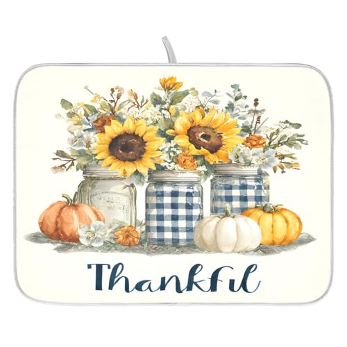 Autumn Pumpkin and Sunflower Floral Vase Dish Drying Mat for Kitchen Counter Absorbent Microfiber Large Drying Pad Dish Mats for Kitchen Countertops 18 x 24 Inch