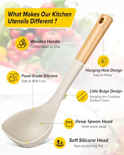 Silicone Soup Ladle and Pasta Spoon Set with Wooden Handle (2 Count)