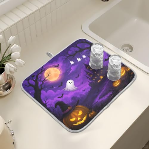 Halloween Scary Night Pumpkin Lanterns Purple Castle Dish Drying Mat for Kitchen Counter Absorbent Microfiber Large Drying Pad Dish mats for Kitchen Countertops 18 x 24 Inch